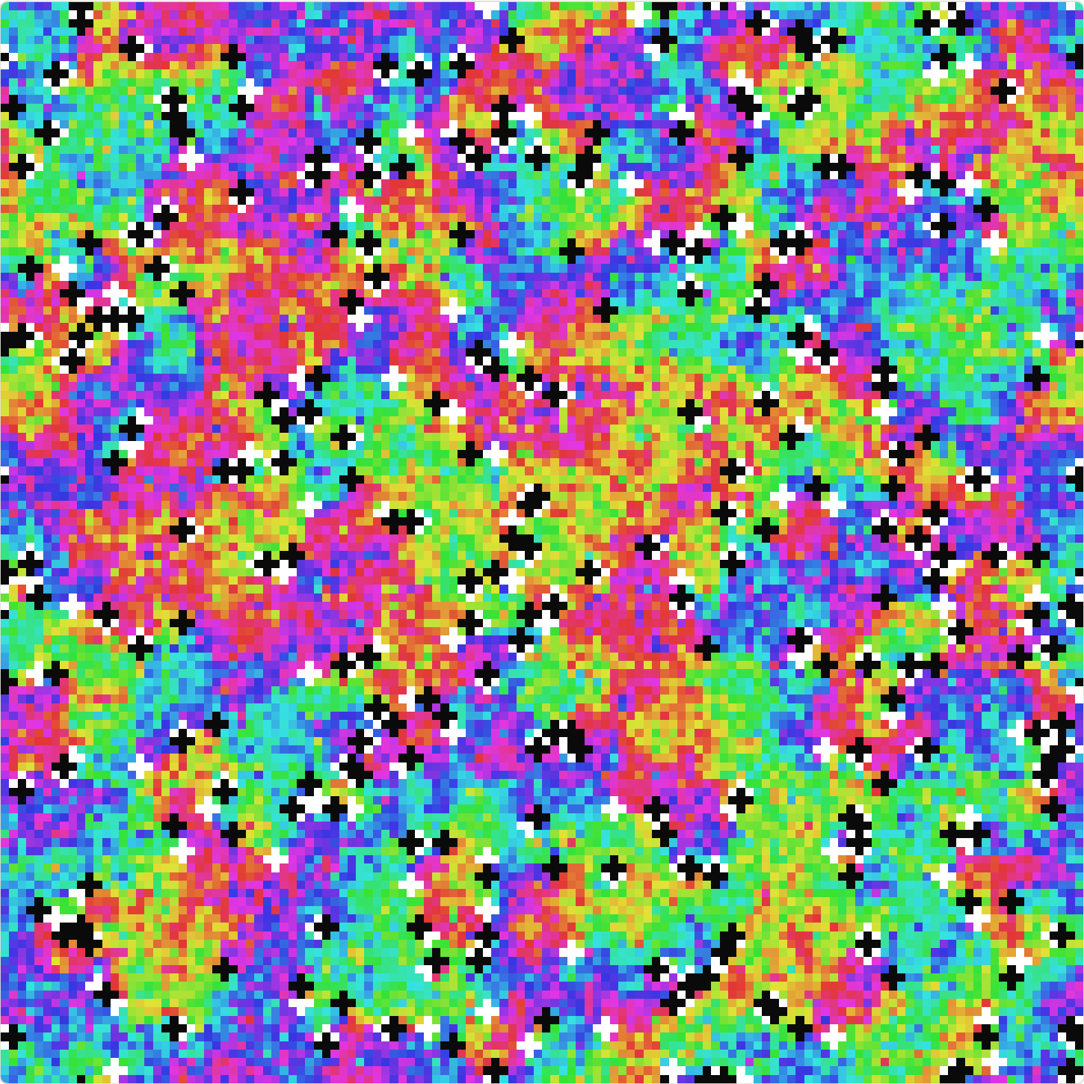 XY model phase field coloured by hue, with vortices and antivortices marked as crosses